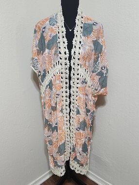Easel Tropical Floral Kimono Cover Up with Crochet Detail Size M/L Boho Summer